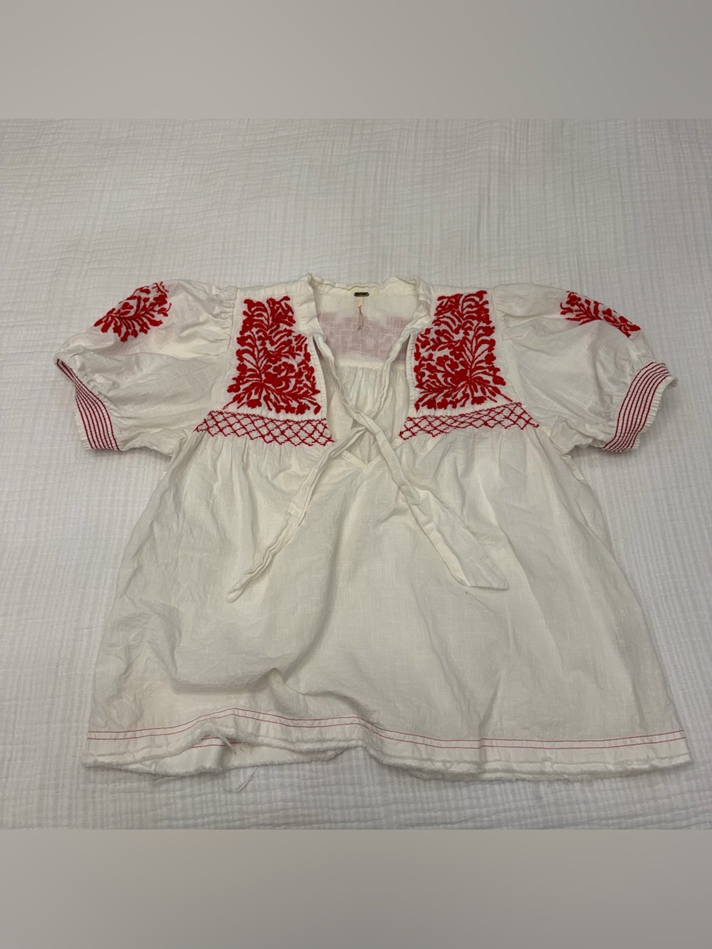 free people white linen blend embroidered peasant blouse size m - Picture 1 of 4